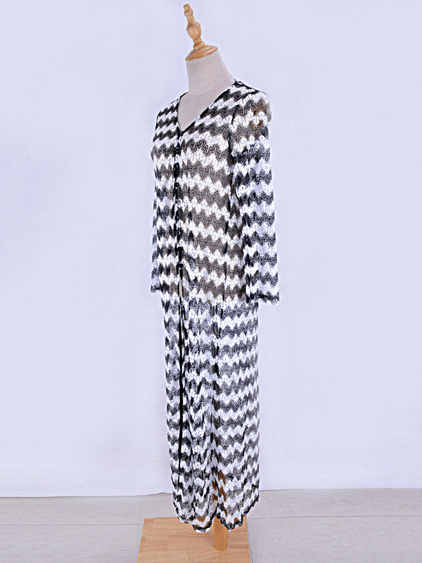 Striped Printed Long Sleeved Tunicshang Cover-Ups Tops