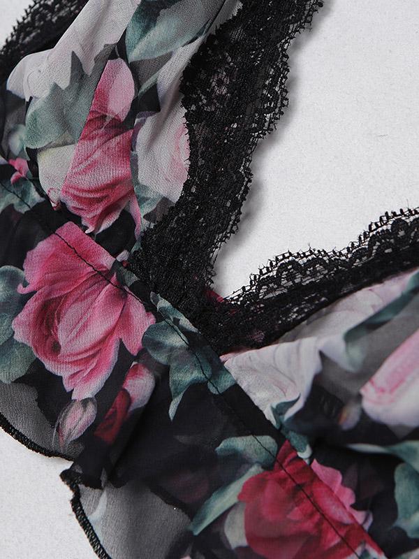 Chiffon Floral-Print  Pajamas Bodysuit Lingerie