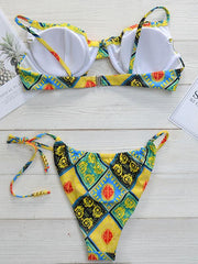 Vintage Print Knotted Underwired Split Bikini Swimsuit