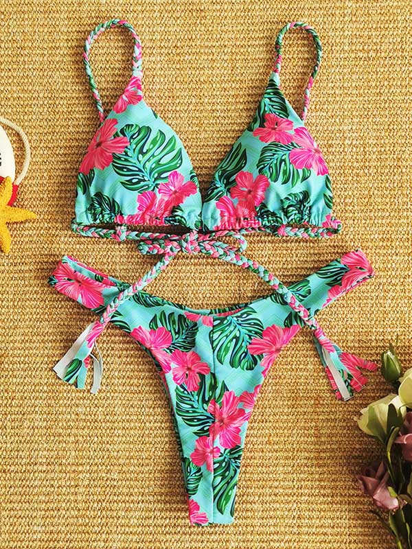 Floral-Print Triangle Split Bikini Swimsuit