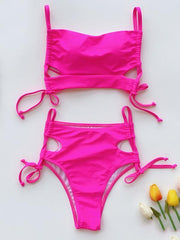 Solid Color Hollow Bandage Split Bikini Swimsuit