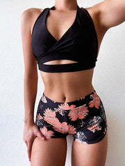 Floral-Print Color-Block Shorts V-Neck One-Piece Swimwear