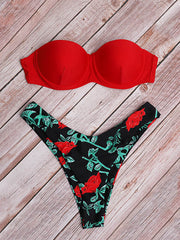 Floral-Print Color-Block Bandeau Underwired Split Bikini Swimsuit