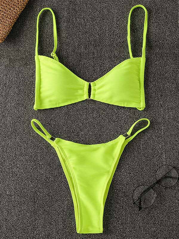 Einfarbiger rückenfreier Bralette-Bikini-Badeanzug mit Spaghetti-Ausschnitt und geteiltem Ausschnitt 