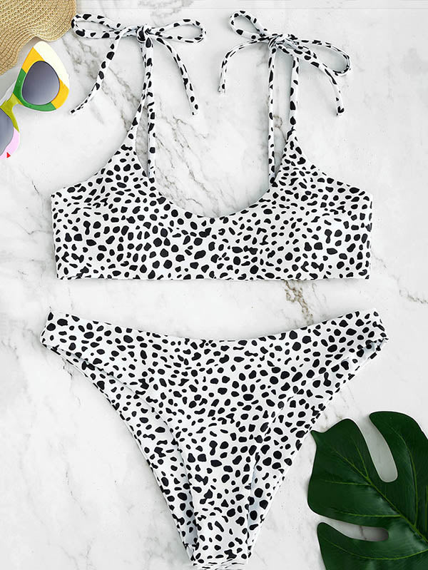 Polka-Dot Print Bandage Split Bikini Swimsuit