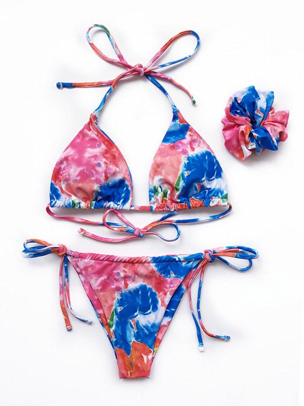 Tie-Dyed Printed Halterneck Split Bikini Swimsuit +Hair Ring