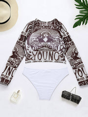 Wetsuit Long Sleeve Floral Print Mesh Split Bikini Swimsuit