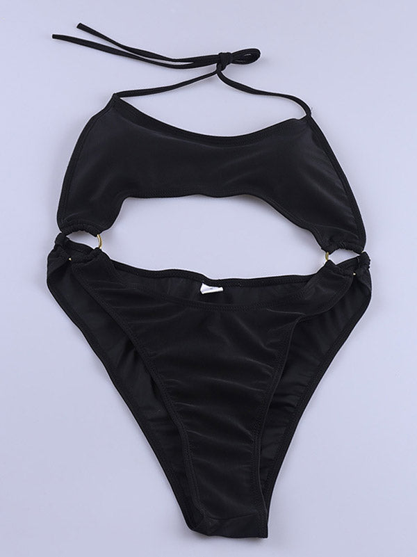 Solid Color Halterneck Split-Joint Backless Monokini Swimwear