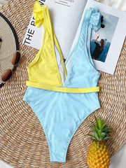 Contrast Color Split-Joint Belted One-Piece Swimwear