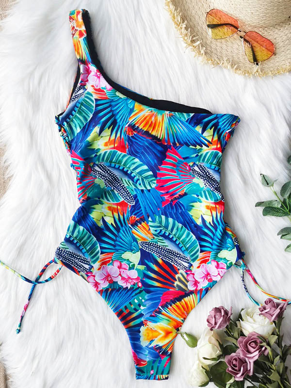 One-Shoulder Floral-Print Bandage One-Piece Swimwear