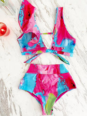 Ruffled Bowknot Floral High-Waist Bikini Swimwear