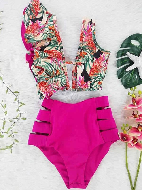 Floral Falbala Asymmetric Bikini Swimsuit