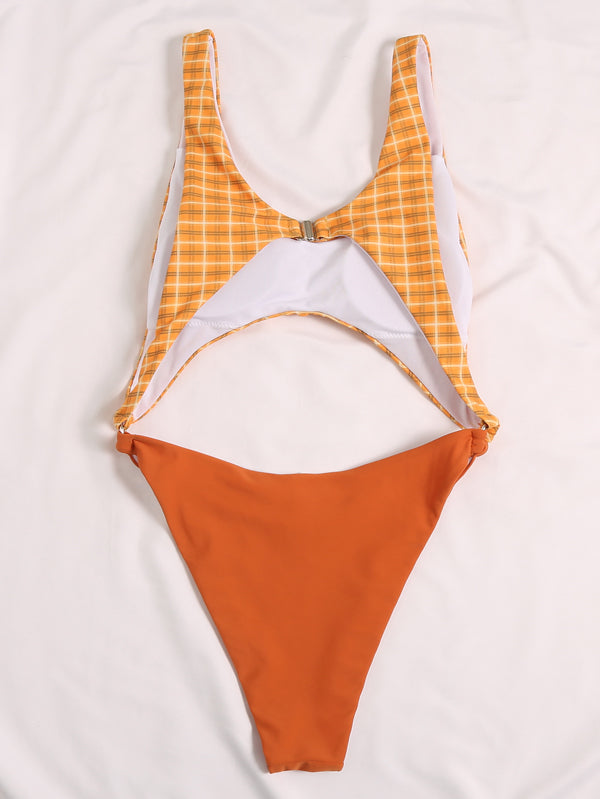 Plaid Printed Split-Joint Hollow One-Piece Swimwear