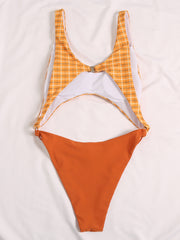 Plaid Printed Split-Joint Hollow One-Piece Swimwear