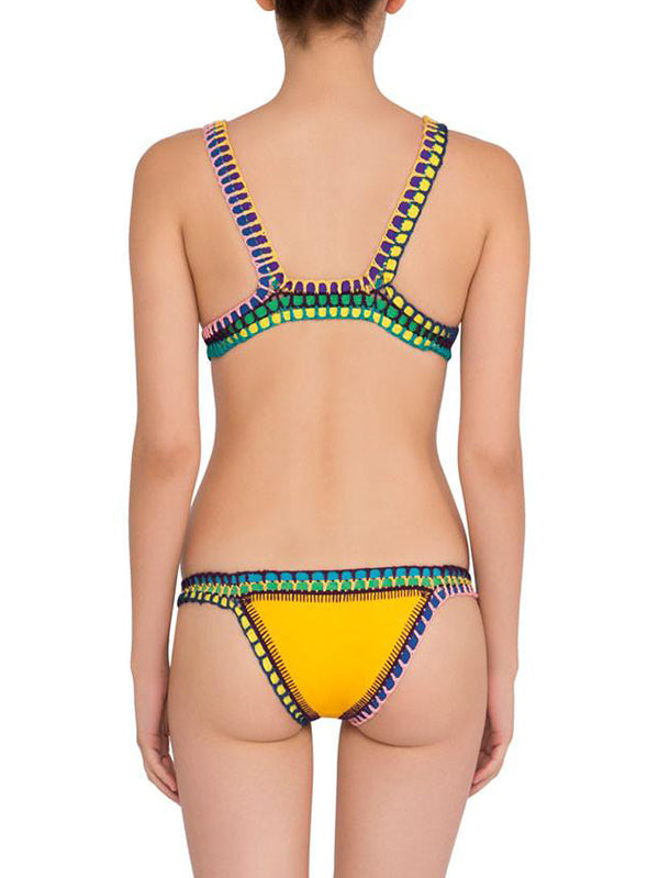 Triangle Patchwork Crochet Neoprene Bikini Swimsuit