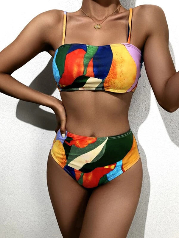 Contrast Color Bandeau High-Waisted Beach Skirt Three-Pieces Bikini Swimwear