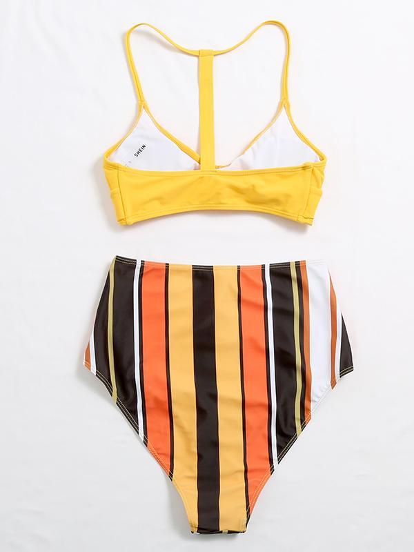 Striped Printed Color-Block Backless Split Bikini Swimsuit