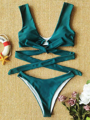 Solid Knot Bandage Split Bikini Swimsuit