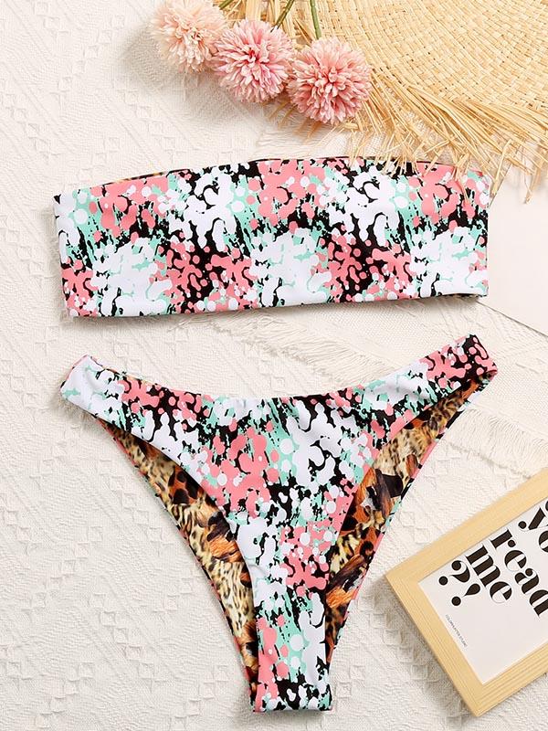 Bandeau-Bikini-Badeanzug mit beidseitigem Schlitz und Blumendruck 