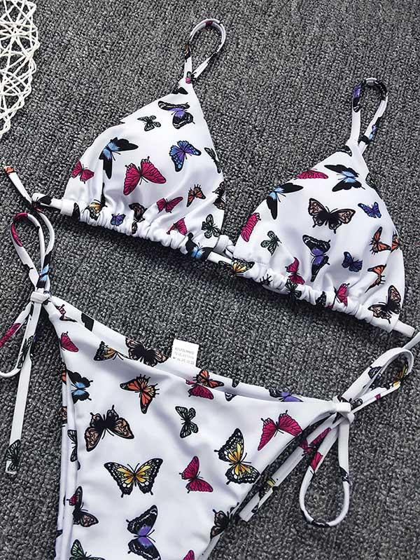 Floral-Print Triangles Bandage Split Bikini Swimsuit