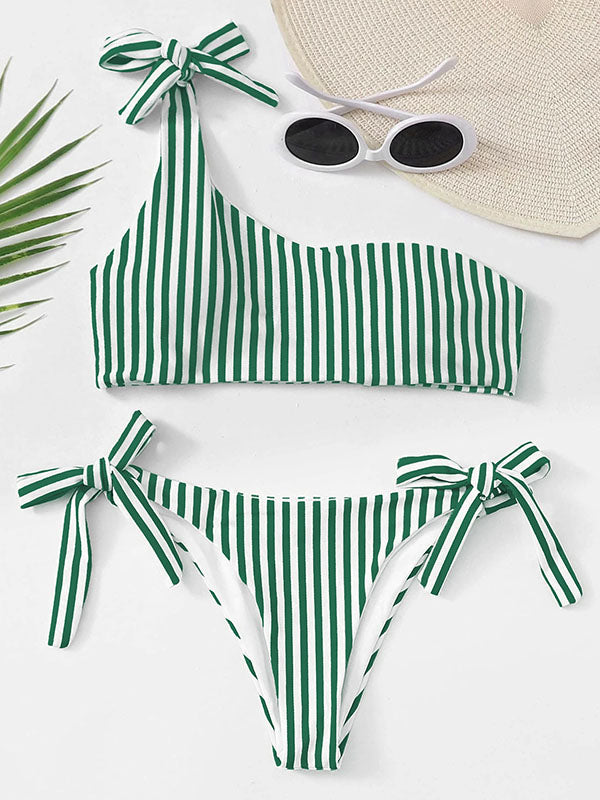 Striped One-Shoulder Knotted Split Bikini Swimsuit