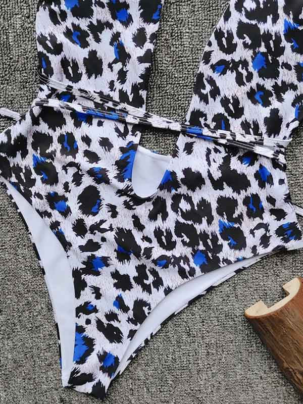 Sexy Blue Leopard Deep V-Neck Backless Bandage One-Piece Swimwear