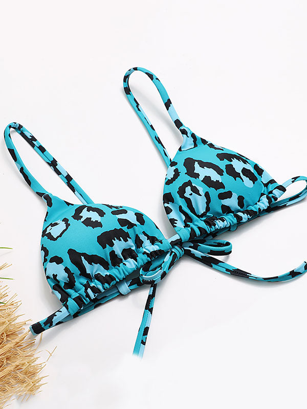 Leopard Print Backless Bandage Triangles Split Bikini Swimsuit