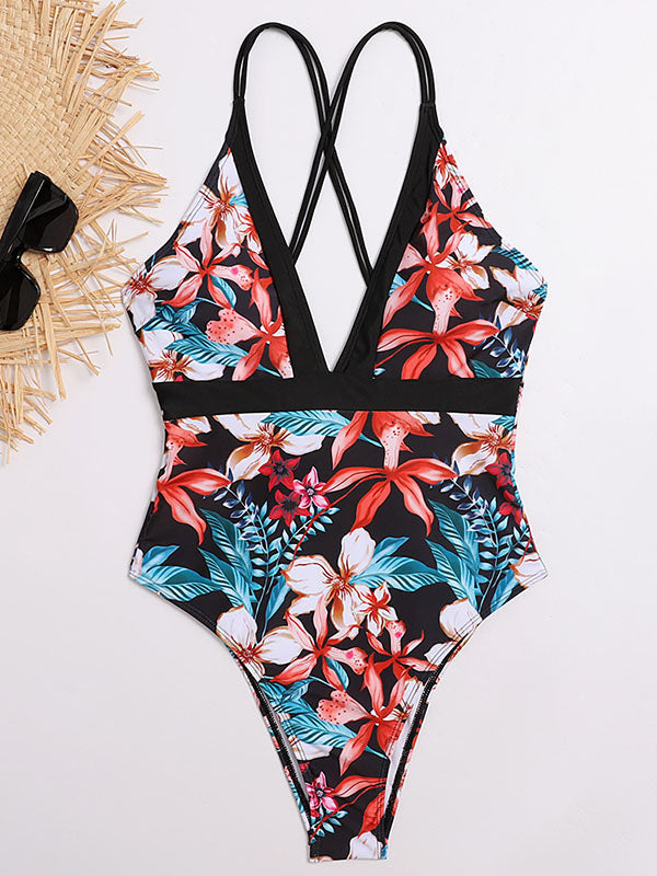 Floral-Print V-Neck Backless Tight One-Piece Swimwear