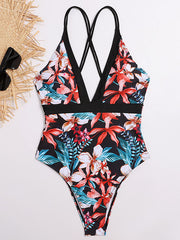 Floral-Print V-Neck Backless Tight One-Piece Swimwear