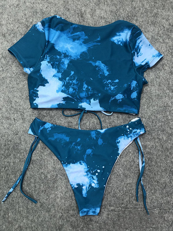 Tie-Dyed Printed Drawstring Short Sleeve Split Tankini Swimsuit