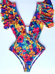 Floral Print Falbala One Piece Swimsuit