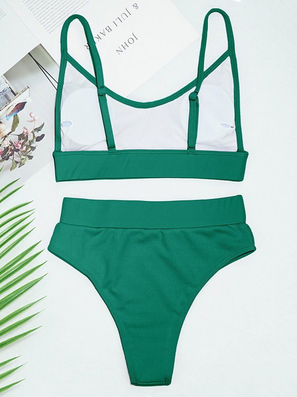 Solid Color U-Neck Spaghetti-Neck Split Bikini Swimsuit