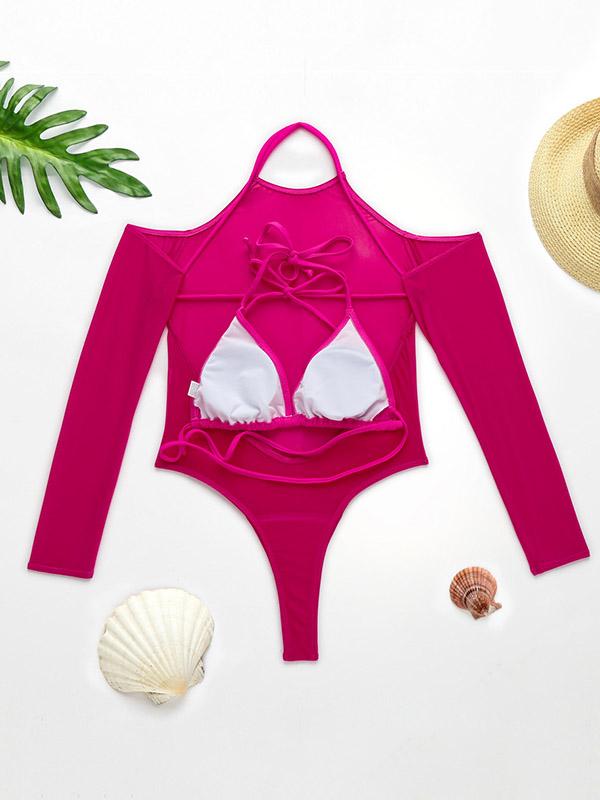 Solid Color See-Through Gauze Wetsuits+Triangles Swim Top