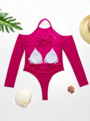 Solid Color See-Through Gauze Wetsuits+Triangles Swim Top