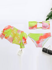 Tie-Dyed Ruffled Bandeau Split Bikini Swimsuit+Cover-Ups Three-Piece Set