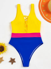 Hollow Color-Block Sleeveless High-Waisted One-Piece Swiwmear