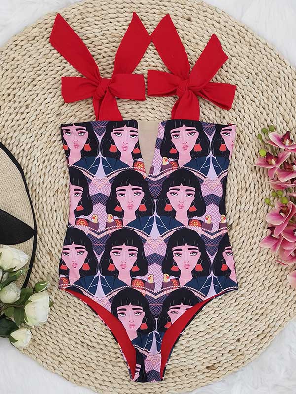 Abstract Print Sexy Bandeau Bow-Knot One-Piece Swimwear