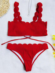 Solid Color Lace Bandage Bandeau Split Bikini Swimsuit