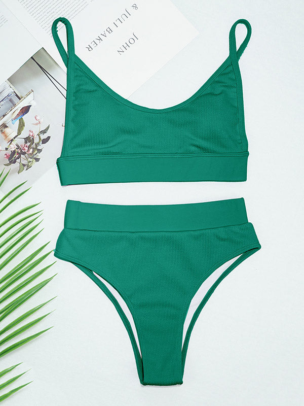 Solid Color Spaghetti-Neck Empire Split Bikini Swimsuit