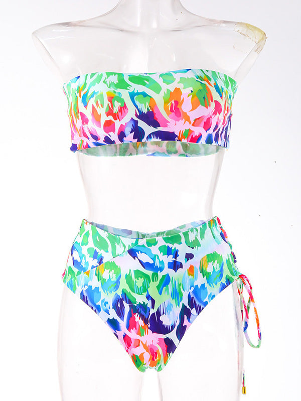 Colorful Gradient Asymmetric Bandage Bandeau Split Bikini Swimsuit