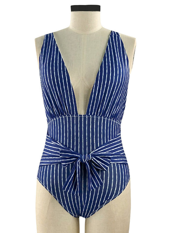 Striped Printed Deep V-Neck Belted One-Piece Swimwear