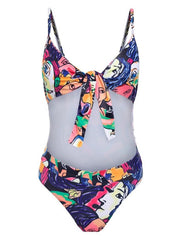 Spaghetti-Neck Floral Print Bandage Hollow Monokini Swimwear