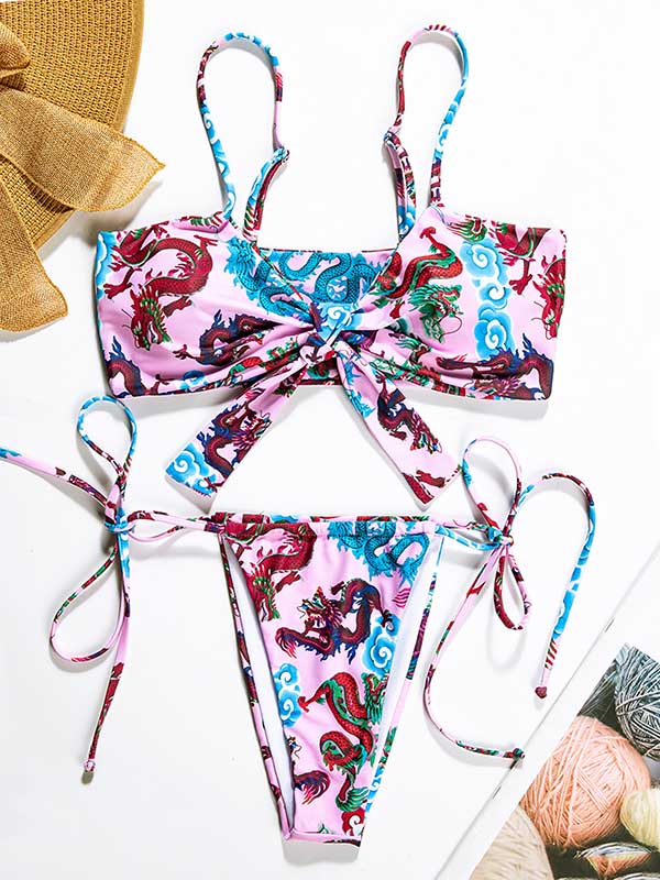 Chinese Style Printing Knotted Bandeau Split Bikini Swimsuit