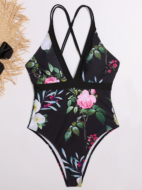 Floral-Print V-Neck Backless Tight One-Piece Swimwear