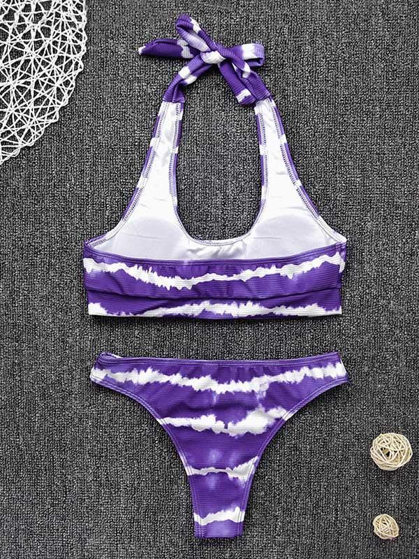 Tie-Dyed Abstract Printed Halterneck Knotted Split Bikini Swimsuit