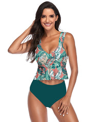 Bikini-Badeanzug mit hoher Taille und Blumenmuster mit Rüschen 