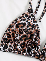 Leopard Print Bandage Triangles Split Bikini Swimsuit