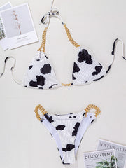 Halterneck Chain Split-Joint Cow Print Triangles Bikini Swimwear