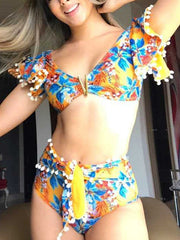 Falbala Short Sleeve Floral-Print Bikinis Swimwear