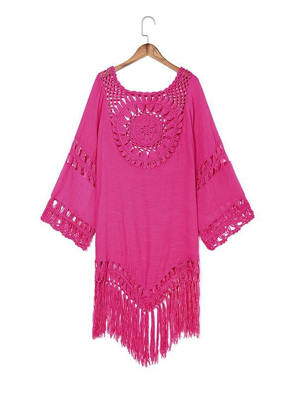 Crochetgo Split-Joint Tasseled Hollow 3/4 Sleeve  Cover-Ups Tops